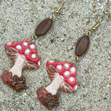 Magical Forest - Red Mushroom Earrings with Wood Bead: Handmade Polymer Clay