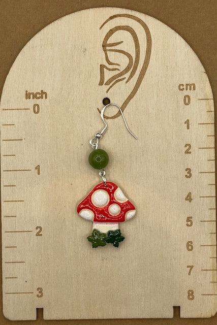 Magical Forest - Red and White Mushroom Earrings with Jade Bead: Handmade Polymer Clay