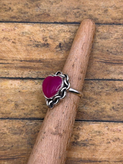 Essie - Pink Chalcedony Heart Ring with Chain Detail