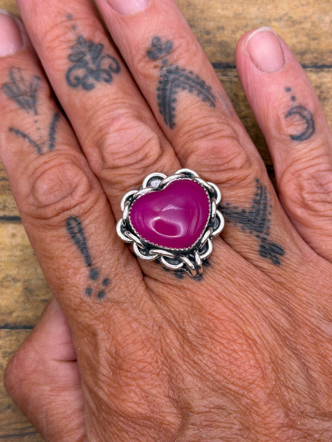 Essie - Pink Chalcedony Heart Ring with Chain Detail