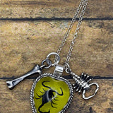 Wynona - Black Scorpion in Lime Green Resin Heart Charm Necklace with Bone Charm