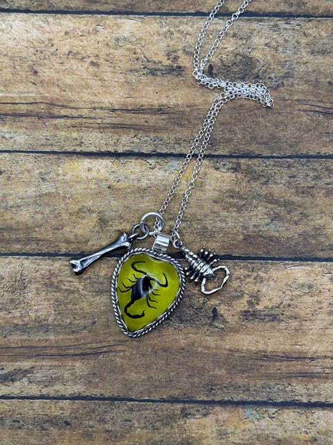 Wynona - Black Scorpion in Lime Green Resin Heart Charm Necklace with Bone Charm