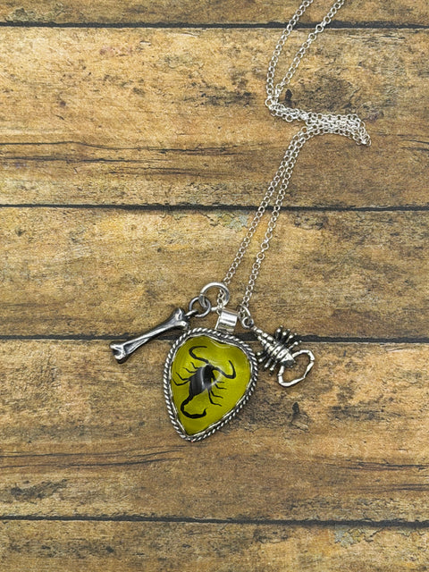 Wynona - Black Scorpion in Lime Green Resin Heart Charm Necklace with Bone Charm