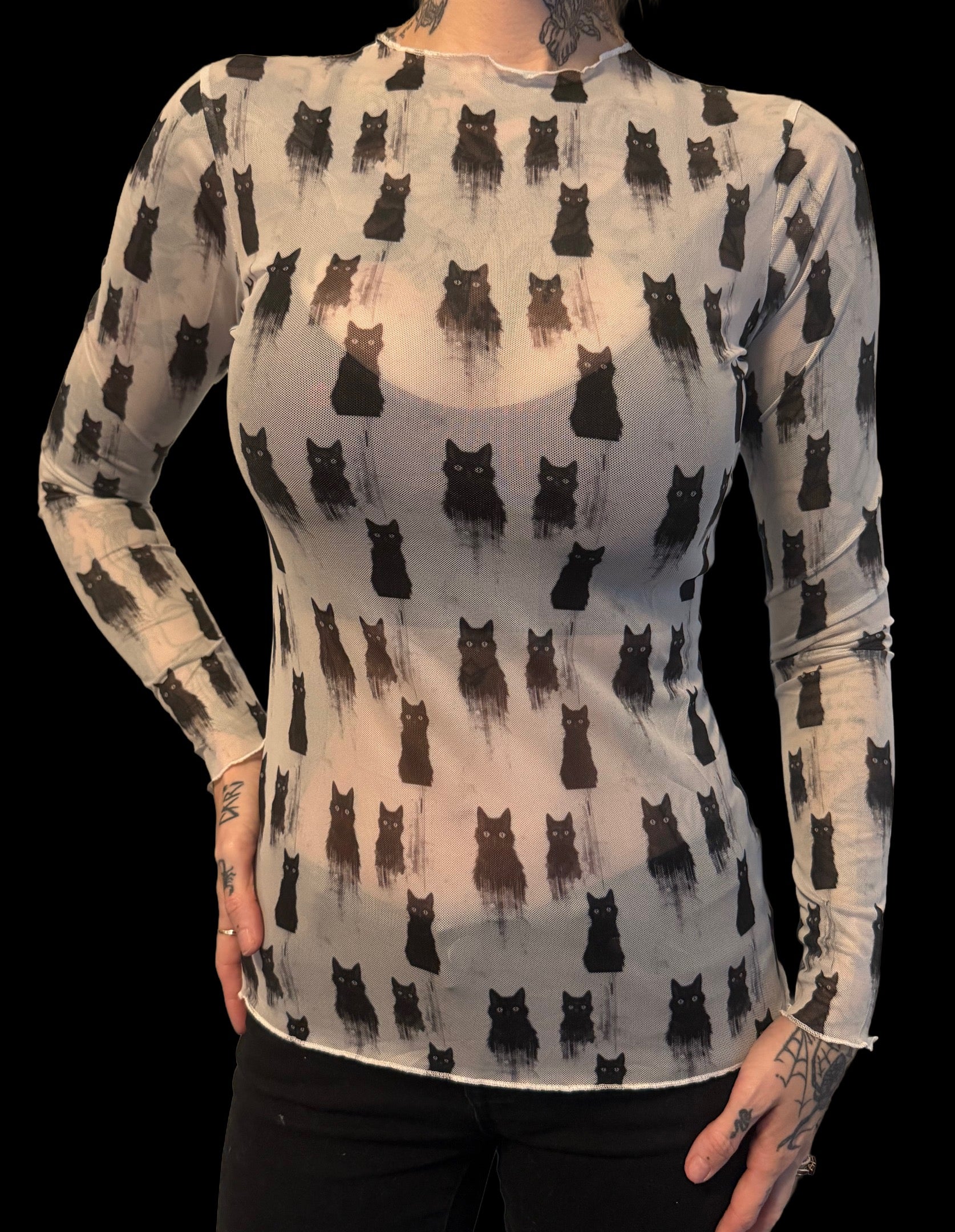 Sheer Mesh Top - Black Cats