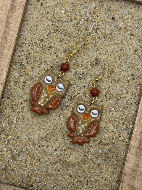 Magical Forest - Cutie Owl Earrings with Sunstone Detail: Handmade Polymer Clay