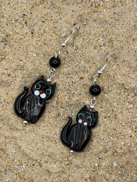 Salem - Black Cat Earrings: Handmade, Glass, One-of-a-Kind
