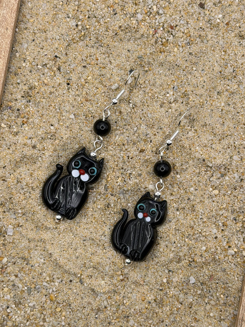 Salem - Black Cat Earrings: Handmade, Glass, One-of-a-Kind