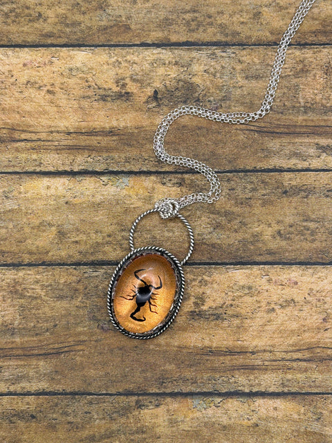 Willa - Spiderweb Black Scorpion Orange Shimmer Pendant Necklace