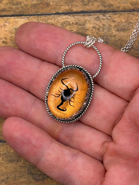 Willa - Spiderweb Black Scorpion Orange Shimmer Pendant Necklace