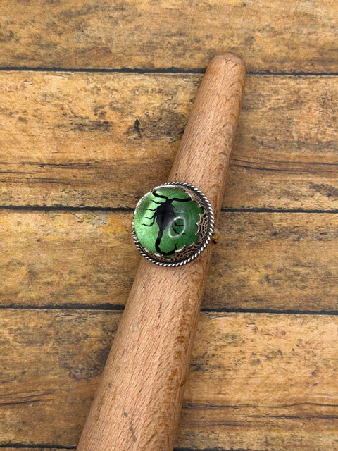 Winter - Spiderweb Black Scorpion Green Shimmer Statement Ring