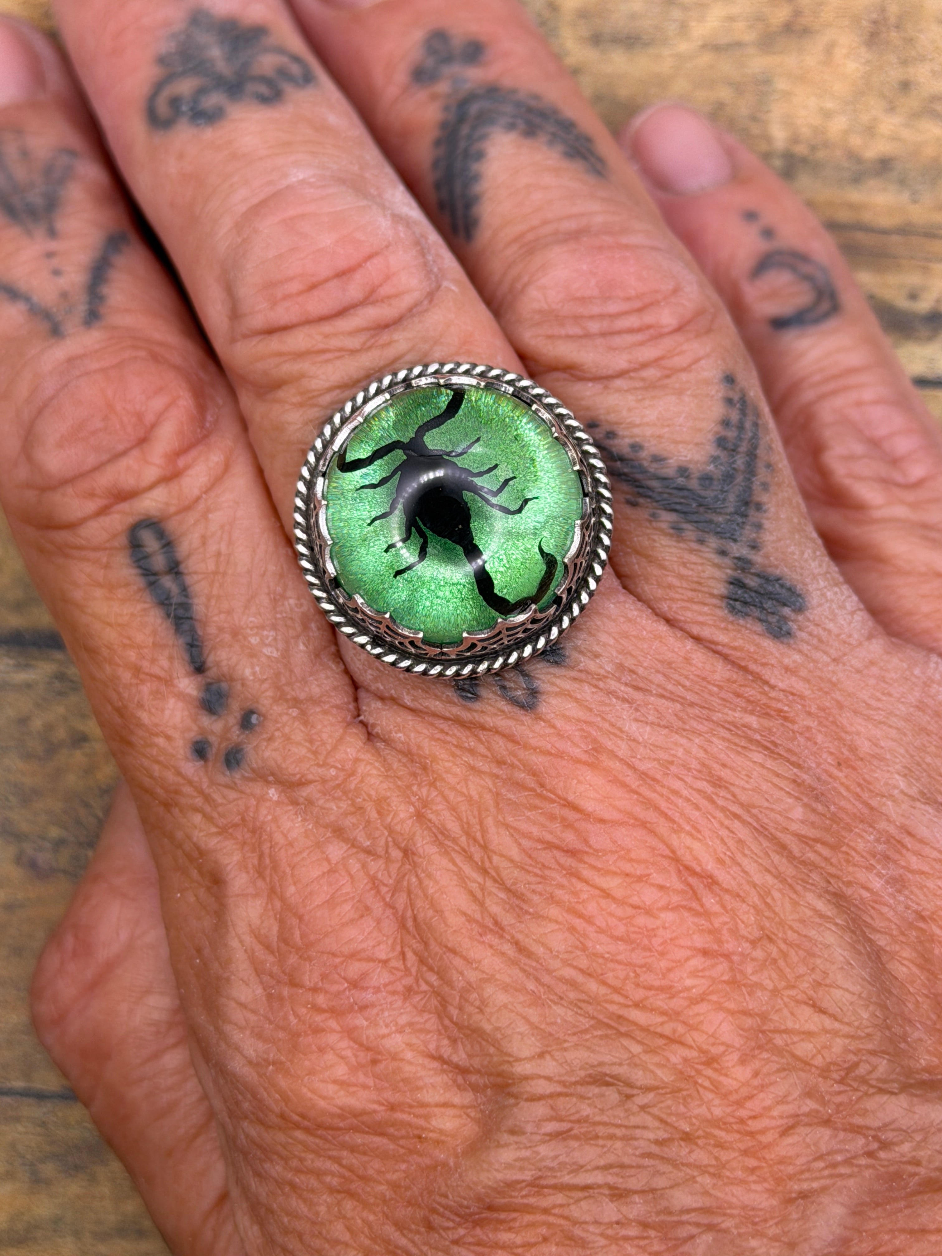 Winter - Spiderweb Black Scorpion Green Shimmer Statement Ring