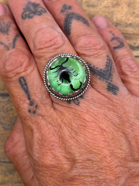 Winter - Spiderweb Black Scorpion Green Shimmer Statement Ring
