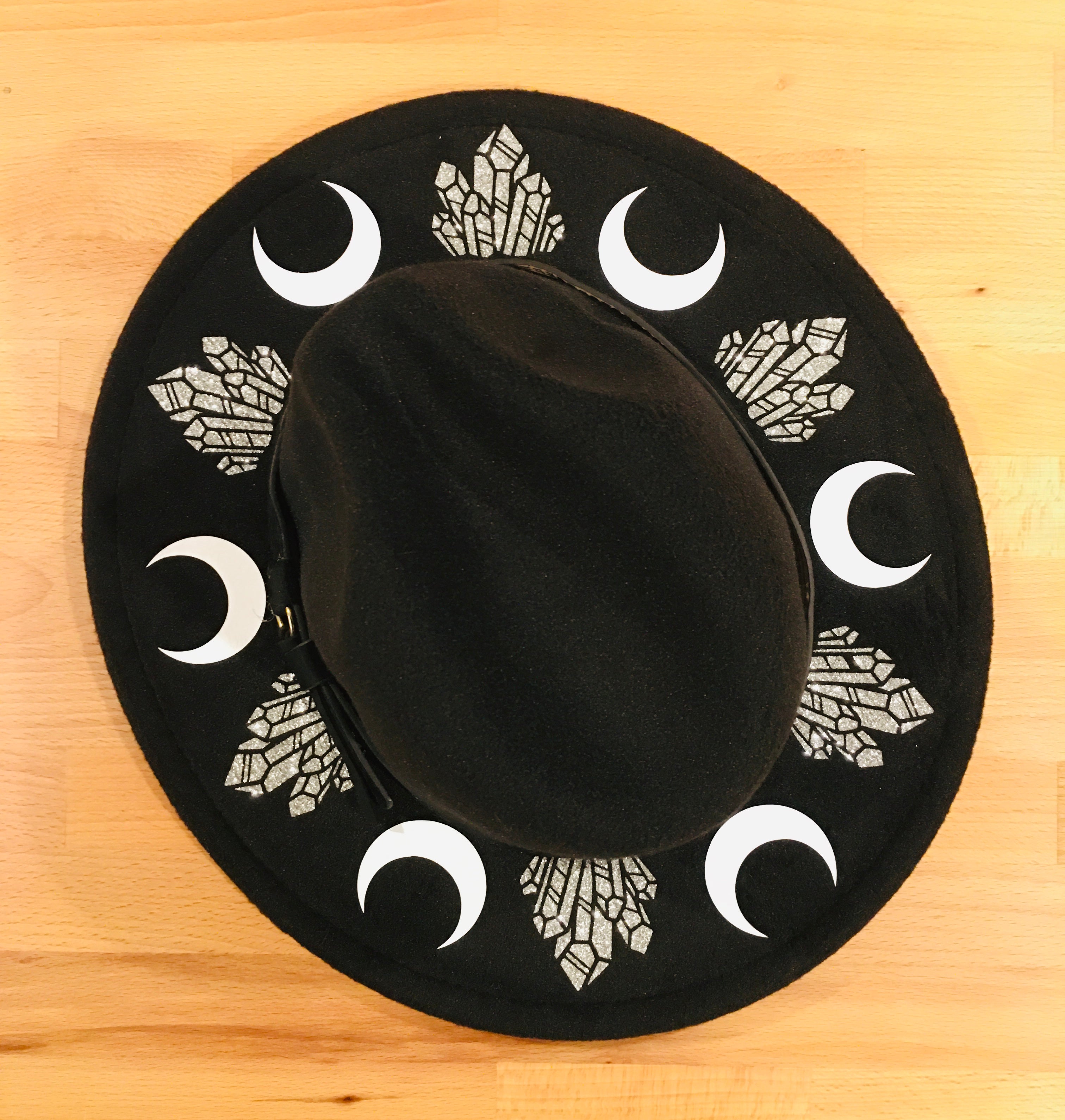 Vegan Felt Hat - Wide Brim - Moons & Crystals