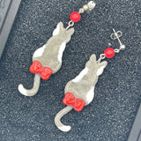 Cat Lover - Grey Kitty with Red Bow Earrings: Handmade, Polymer Clay