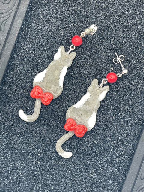Cat Lover - Grey Kitty with Red Bow Earrings: Handmade, Polymer Clay
