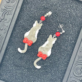 Cat Lover - Grey Kitty with Red Bow Earrings: Handmade, Polymer Clay