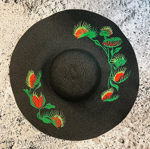 Embroidered Floppy Sun Hat - XL Brim - Venus Fly Traps