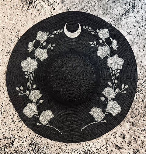 Embroidered Floppy Sun Hat - XL Brim - Orchids