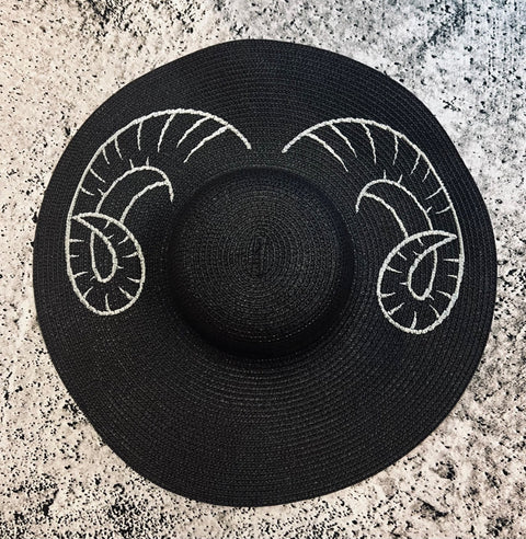 Embroidered Floppy Sun Hat - XL Brim - Curly Horns