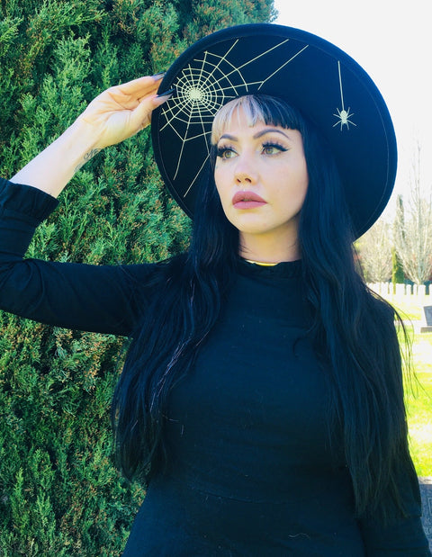 Vegan Felt Hat - XL Brim - Hanging Spider Web