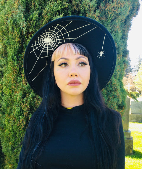 Vegan Felt Hat - XL Brim - Hanging Spider Web