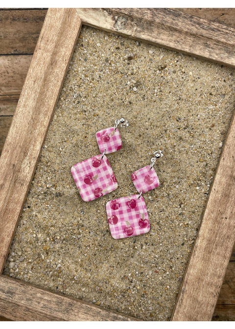 Cherry Gingham Printed Dangle Earrings