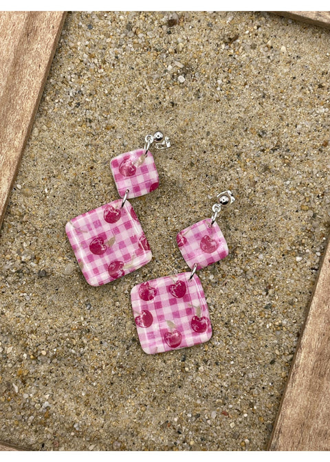 Cherry Gingham Printed Dangle Earrings