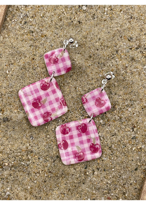 Cherry Gingham Printed Dangle Earrings