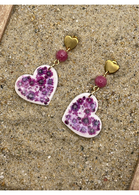 Floral Print Heart Dangle Earrings - Mauve