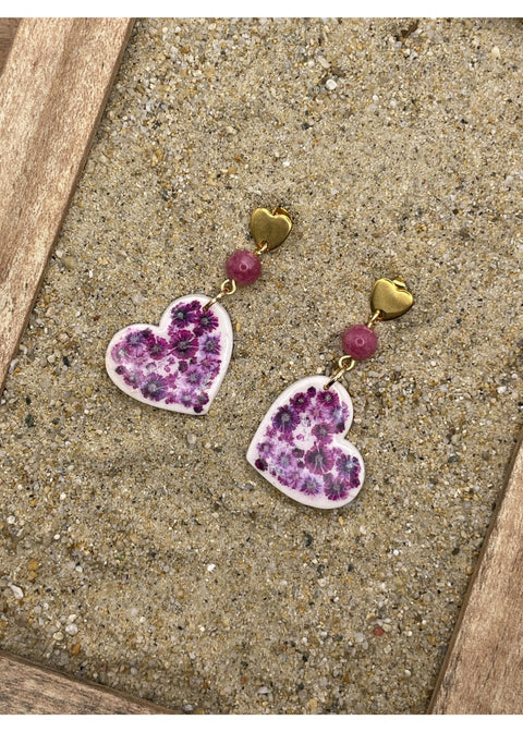 Floral Print Heart Dangle Earrings - Mauve