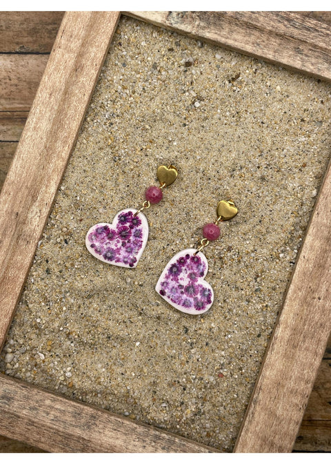 Floral Print Heart Dangle Earrings - Mauve