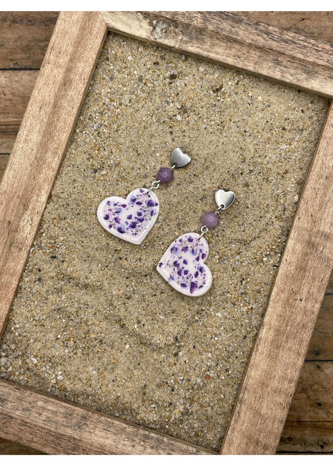 Floral Print Heart Dangle Earrings - Lavender