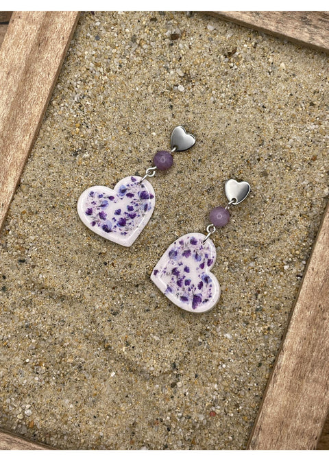 Floral Print Heart Dangle Earrings - Lavender
