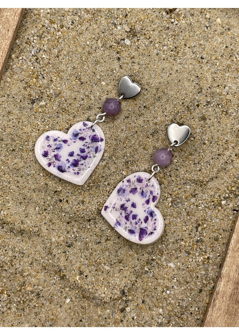 Floral Print Heart Dangle Earrings - Lavender