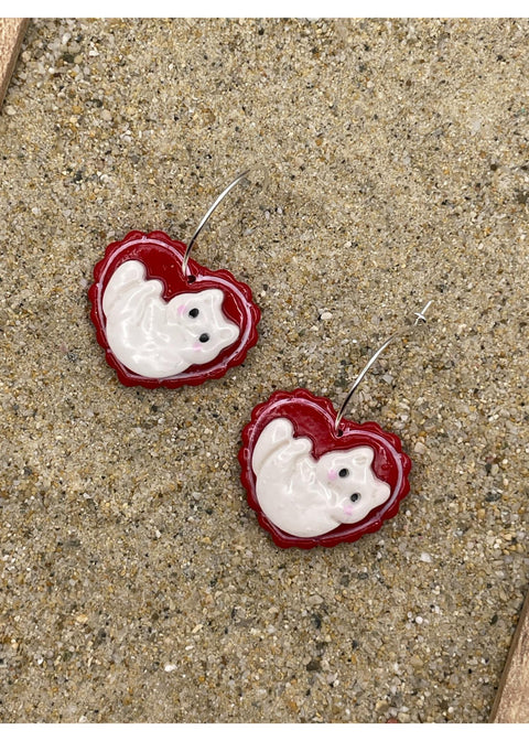 Love Crazy Purring Kitty Cat Heart Hoop Earrings