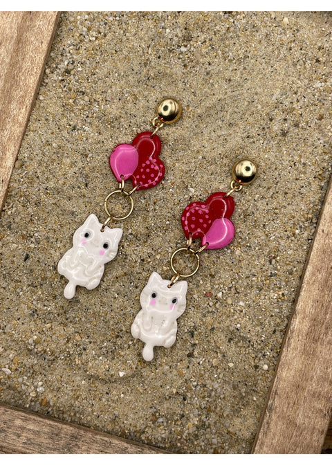 Kitty Cat Hanging from Balloons Earrings