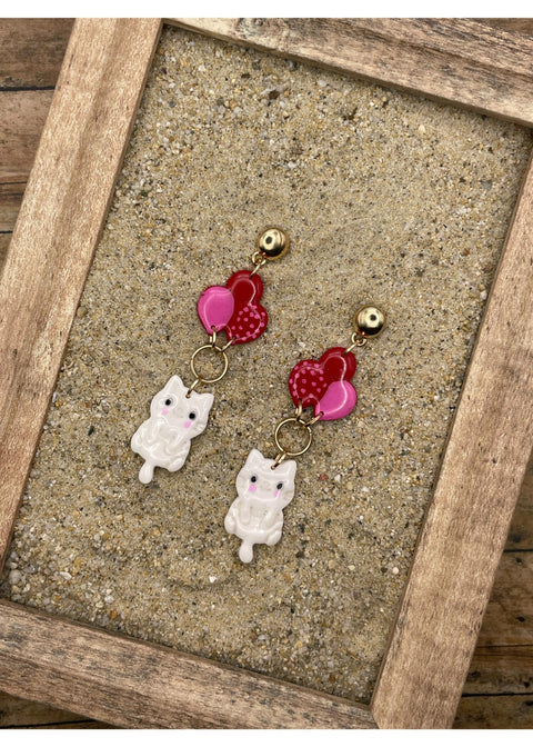 Kitty Cat Hanging from Balloons Earrings
