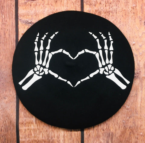 Vegan Felt Beret - Black - Skeleton Heart