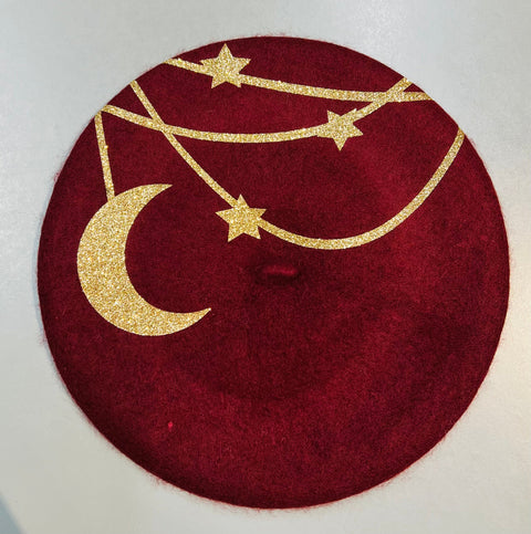 Vegan Beret - Burgundy - Gold Hanging Moon and Stars