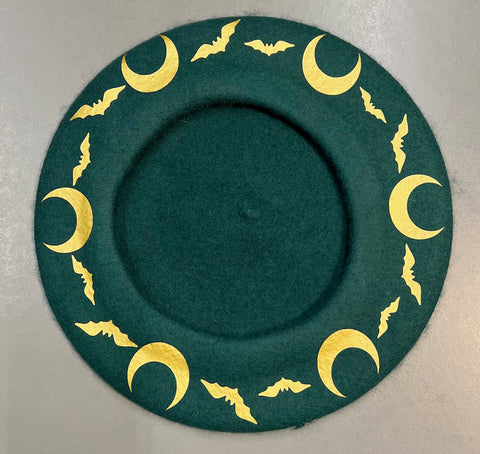 Vegan Beret - Emerald - Gold Bat Moon