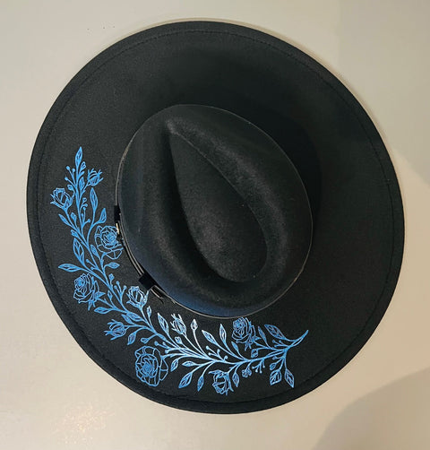 Vegan Wide Brim Hat - XL Brim - Blue Small Foiled Roses