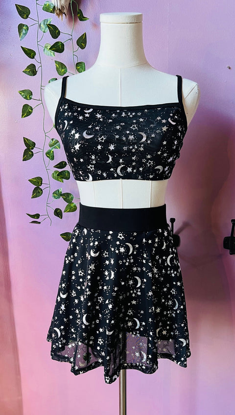 The Morbid Mini Skort - Moon & Stars - Metallic Skirt with Built In Shorts
