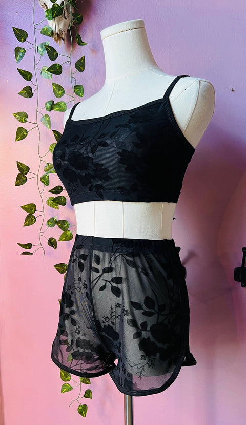 The Sinister Set - GOTHIC FLORAL - Sheer Velvet Flocked Bra & Shorts Separates