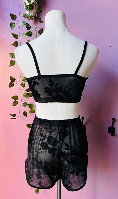The Sinister Set - GOTHIC FLORAL - Sheer Velvet Flocked Bra & Shorts Separates