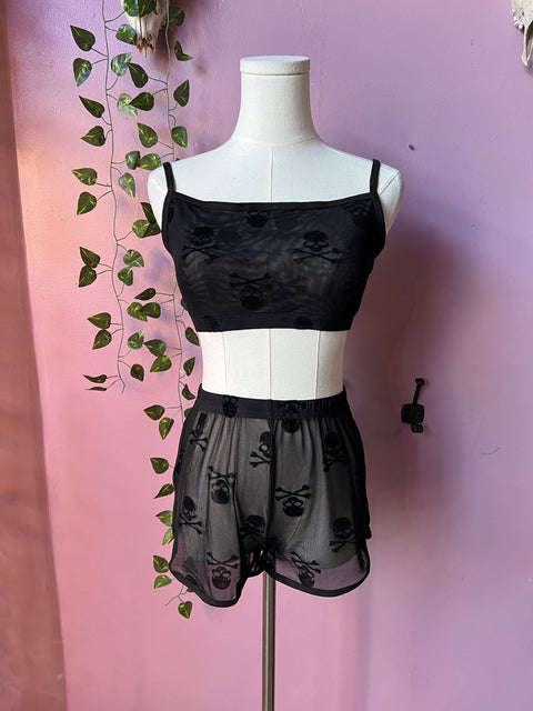The Sinister Set - SKULLS - Sheer Velvet Flocked Bra & Shorts Separates