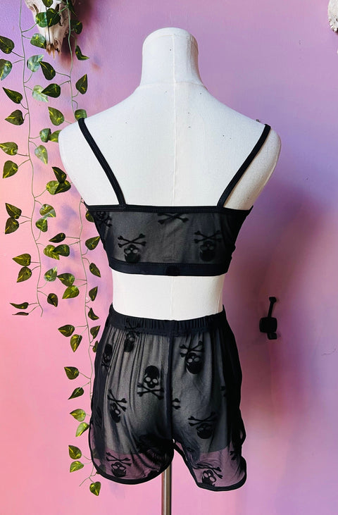 The Sinister Set - SKULLS - Sheer Velvet Flocked Bra & Shorts Separates