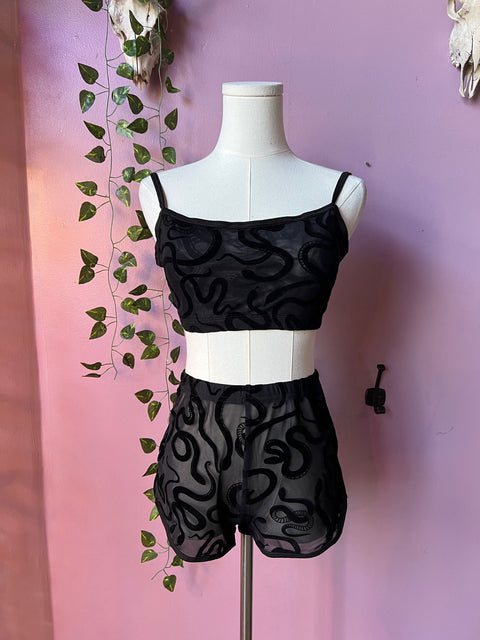 The Sinister Set - SNAKES - Sheer Velvet Flocked Bra & Shorts Separates