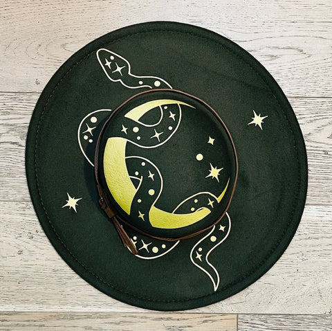 Vegan Felt Wide Brim Hat - Flat Top - Olive - Snake Moon