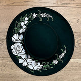 Vegan Felt Hat - XL Brim - Flat Top - Floral Crescent Moon