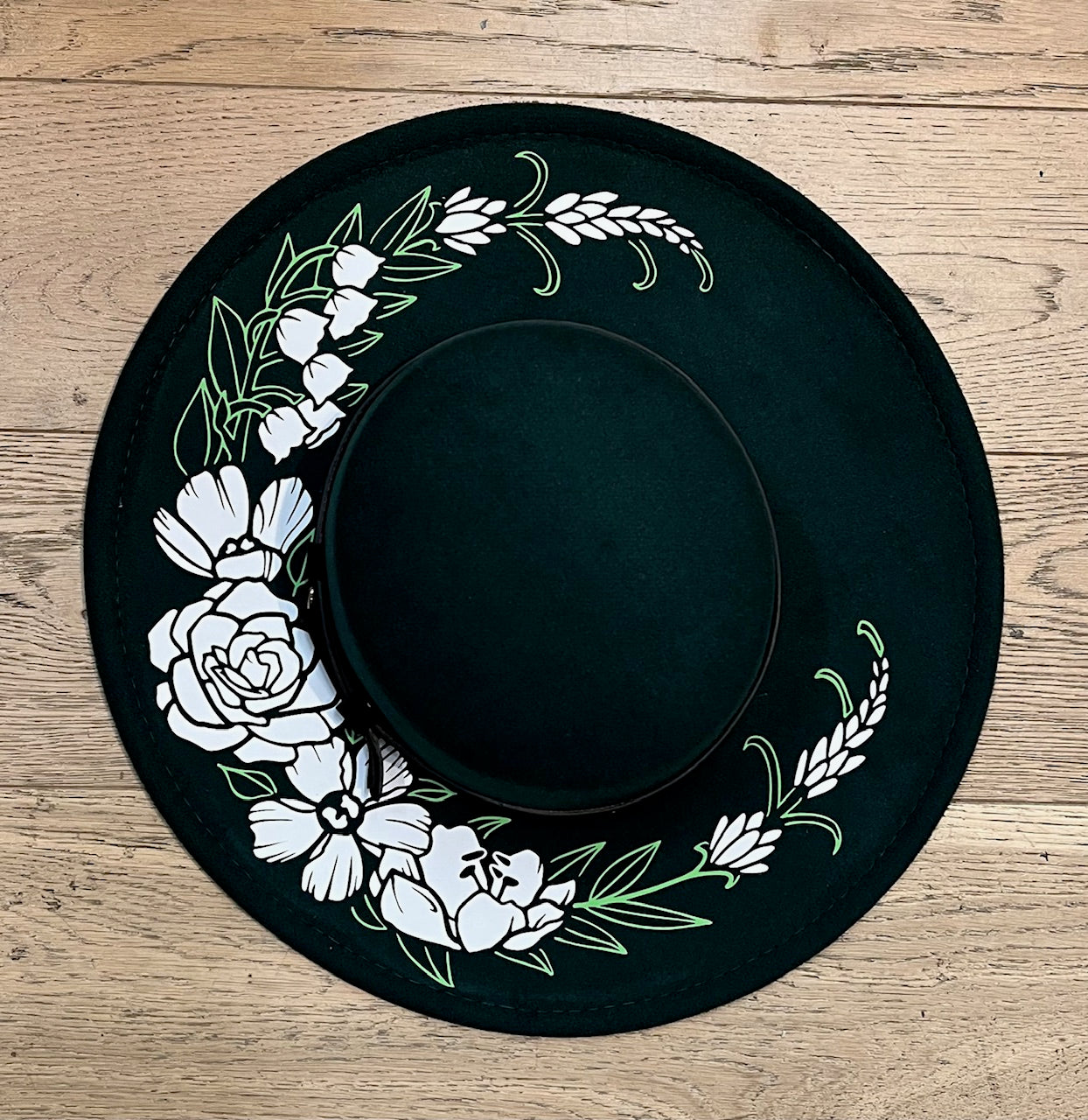 Vegan Felt Hat - XL Brim - Flat Top - Floral Crescent Moon